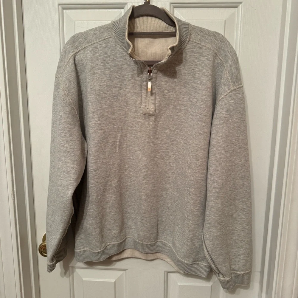 TOMMY BAHAMA RELAX ARUBA 1/4 ZIP REVERSIBLE SWEATSHIRT SZ L / BEIGE/GRAY